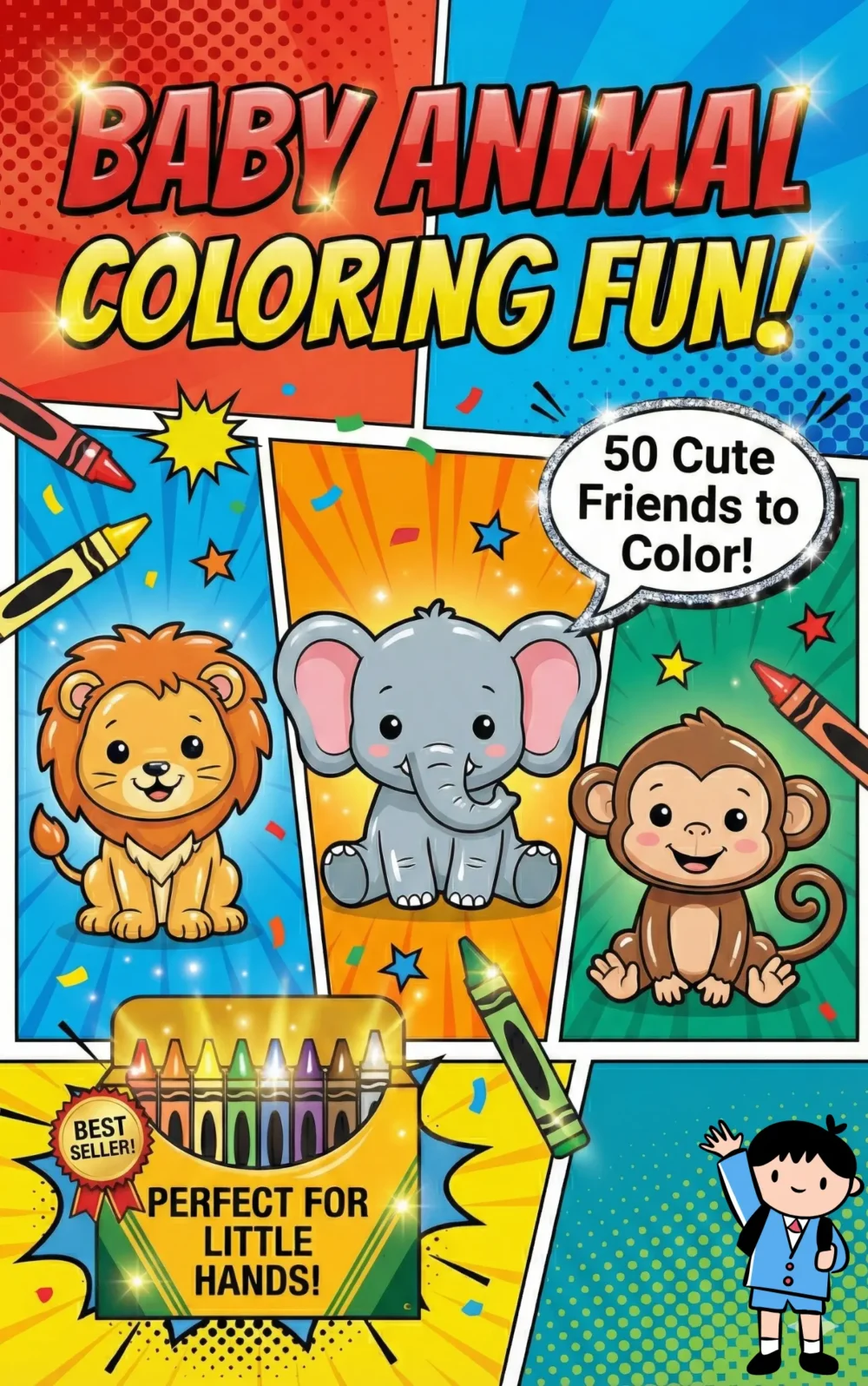 Printable Baby Animal Coloring Book cover with 50 toddler coloring pages