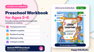 Printable preschool workbook PDF for kids ages 3–6 with tracing, counting, coloring, alphabet, and early learning activities