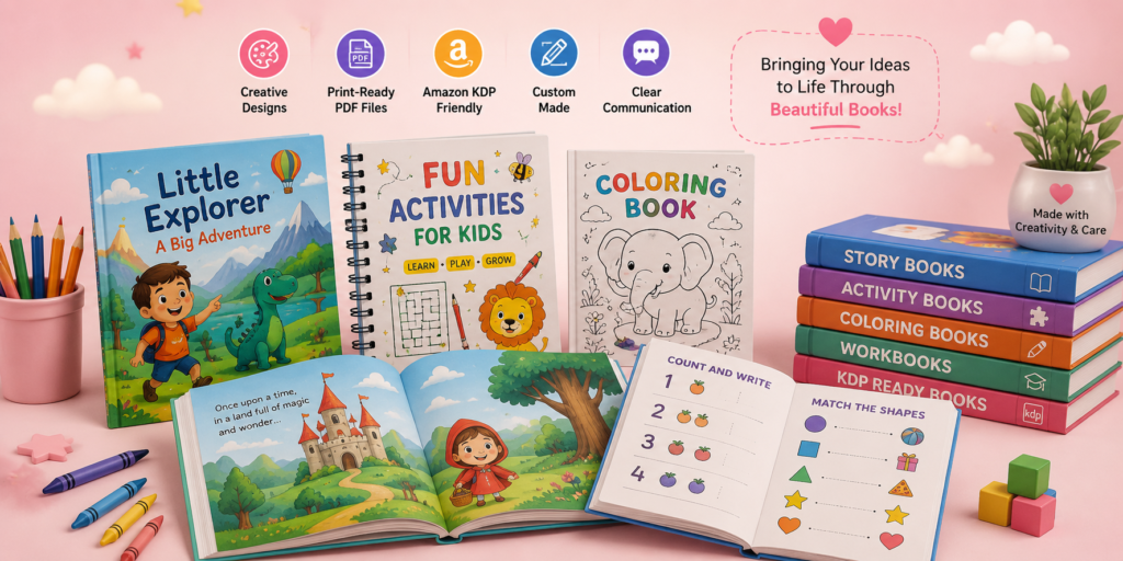 Custom children’s book and activity book design service featuring story books, coloring books, workbooks, and Amazon KDP-ready book layouts
