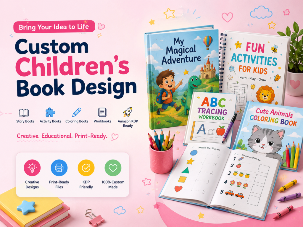 Custom children’s book design — colorful story book, activity book and coloring book pages