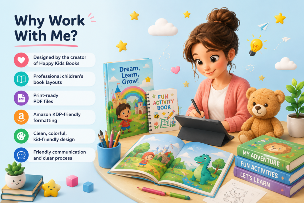 Children’s book designer at work on print-ready book layouts