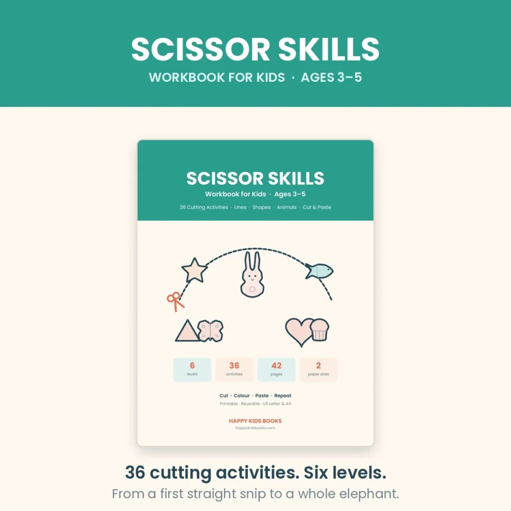 Scissor Skills Workbook for kids ages 3 to 5 with 42 printable pages of cutting practice