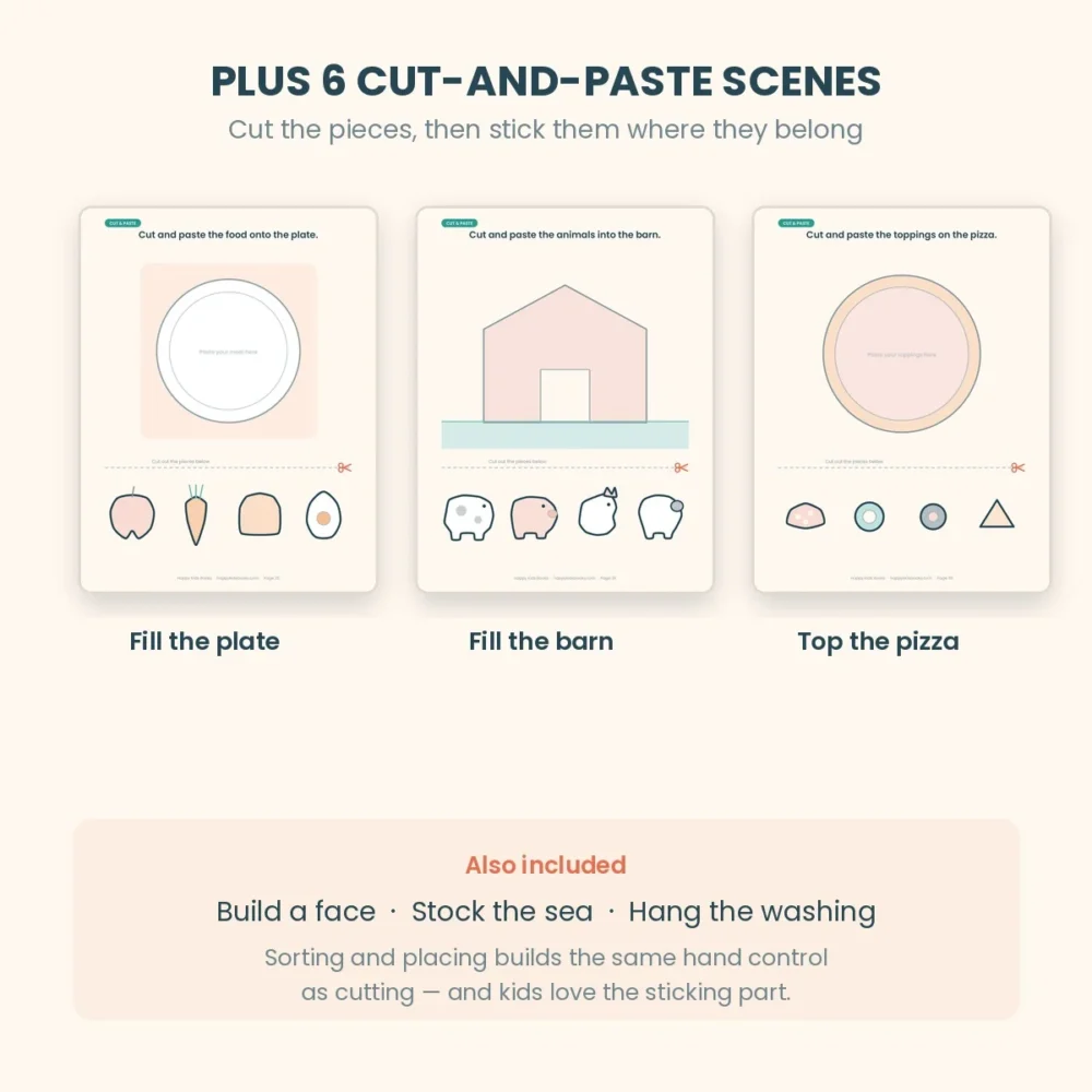 Cut and paste scenes from the preschool scissor skills workbook for building hand coordination