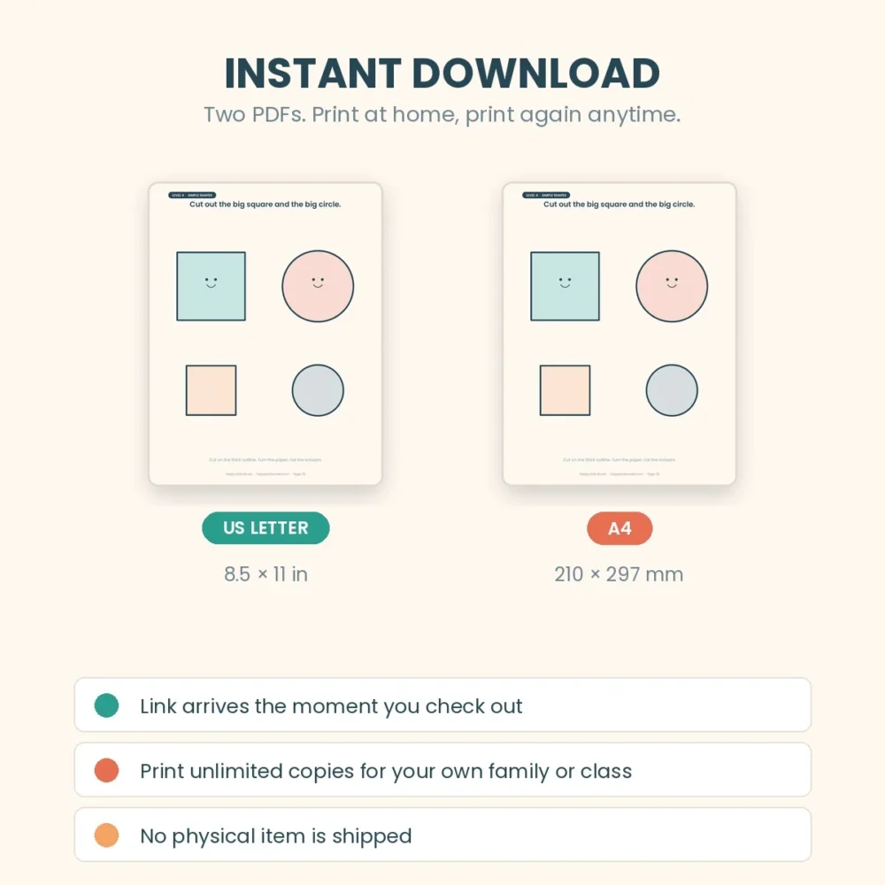 Printable scissor skills workbook available as instant download PDF in US Letter and A4 sizes