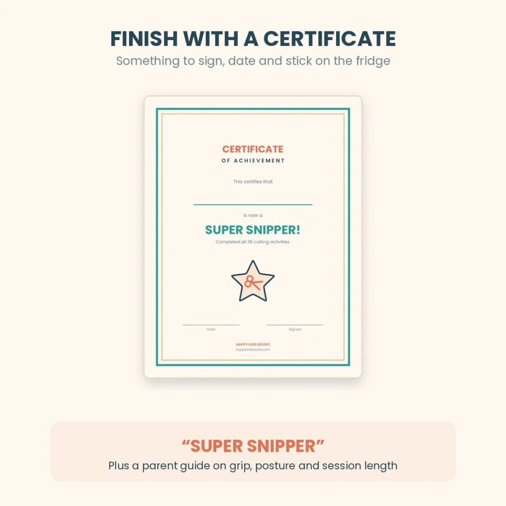 Printable Super Snipper certificate awarded to children who finish the scissor skills workbook