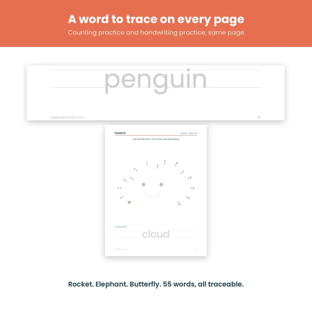 Trace-the-word handwriting practice strip below each dot-to-dot puzzle picture