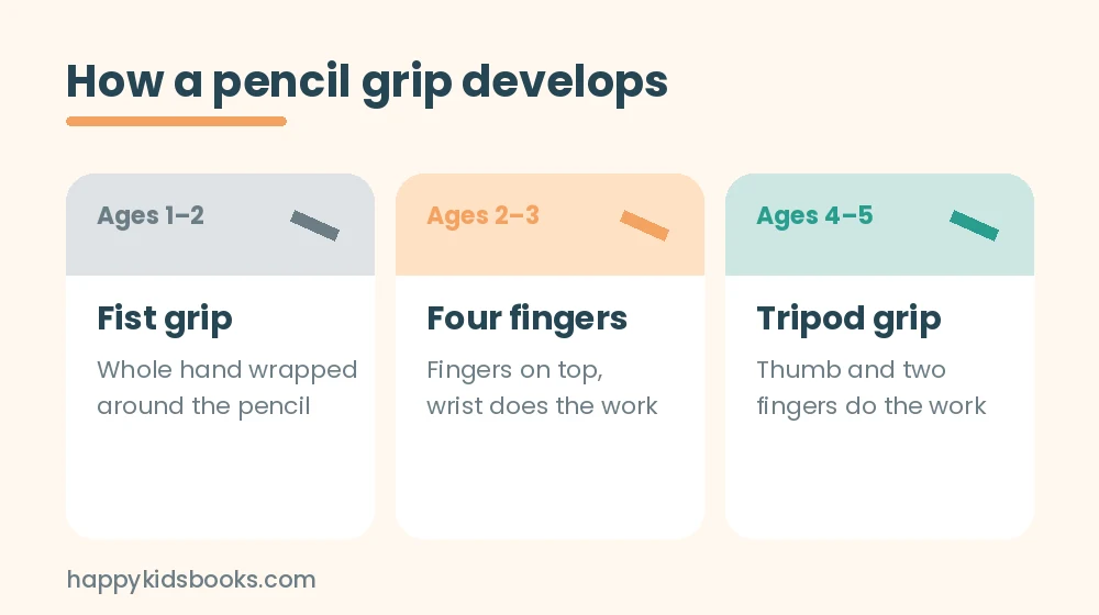 Pencil grip development stages from fist grip at ages 1 to 2 to tripod grip at ages 4 to 5