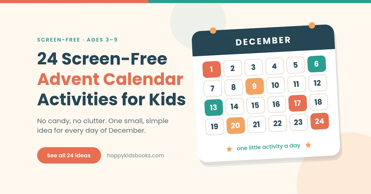 Screen-free advent calendar activities for kids — December countdown grid with 24 numbered days