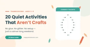 Illustrated card showing a connect-the-dots leaf puzzle beside the words 20 quiet activities that aren't crafts