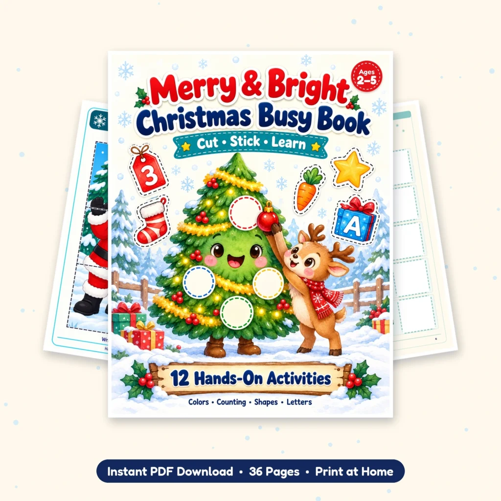 Printable Christmas busy book for toddlers, a non-candy stocking stuffer idea for ages 2 to 5