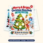 Merry & Bright Christmas busy book printable for toddlers ages 2-5, cover and pages