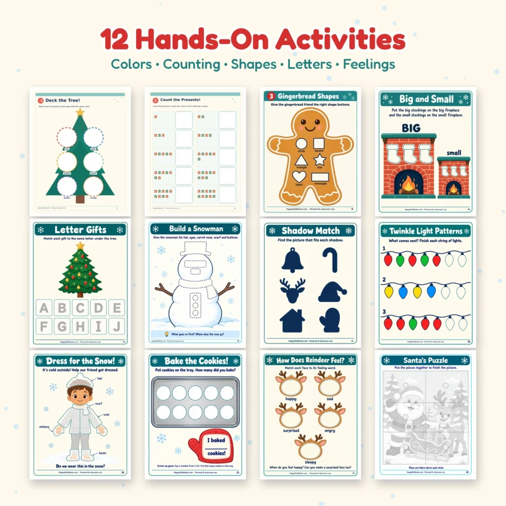 12 hands-on activities inside the Christmas busy book printable for toddlers