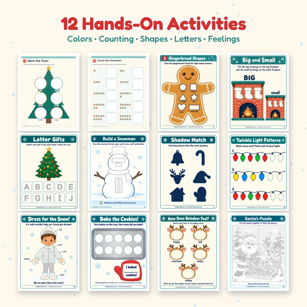 12 hands-on activities inside the Christmas busy book printable for toddlers