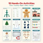 12 hands-on activities inside the Christmas busy book printable for toddlers
