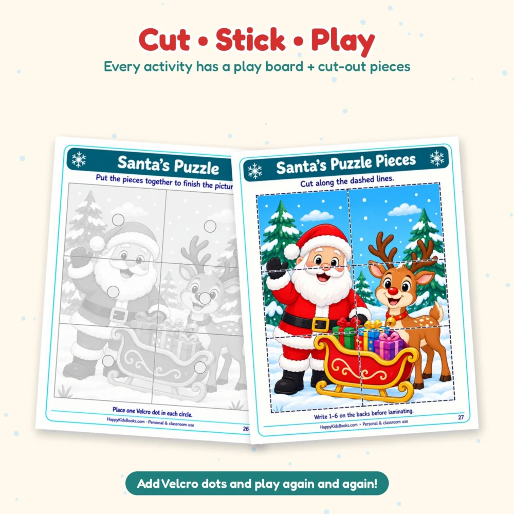 Santa puzzle page and cut-out pieces from the Christmas busy book printable