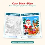Santa puzzle page and cut-out pieces from the Christmas busy book printable