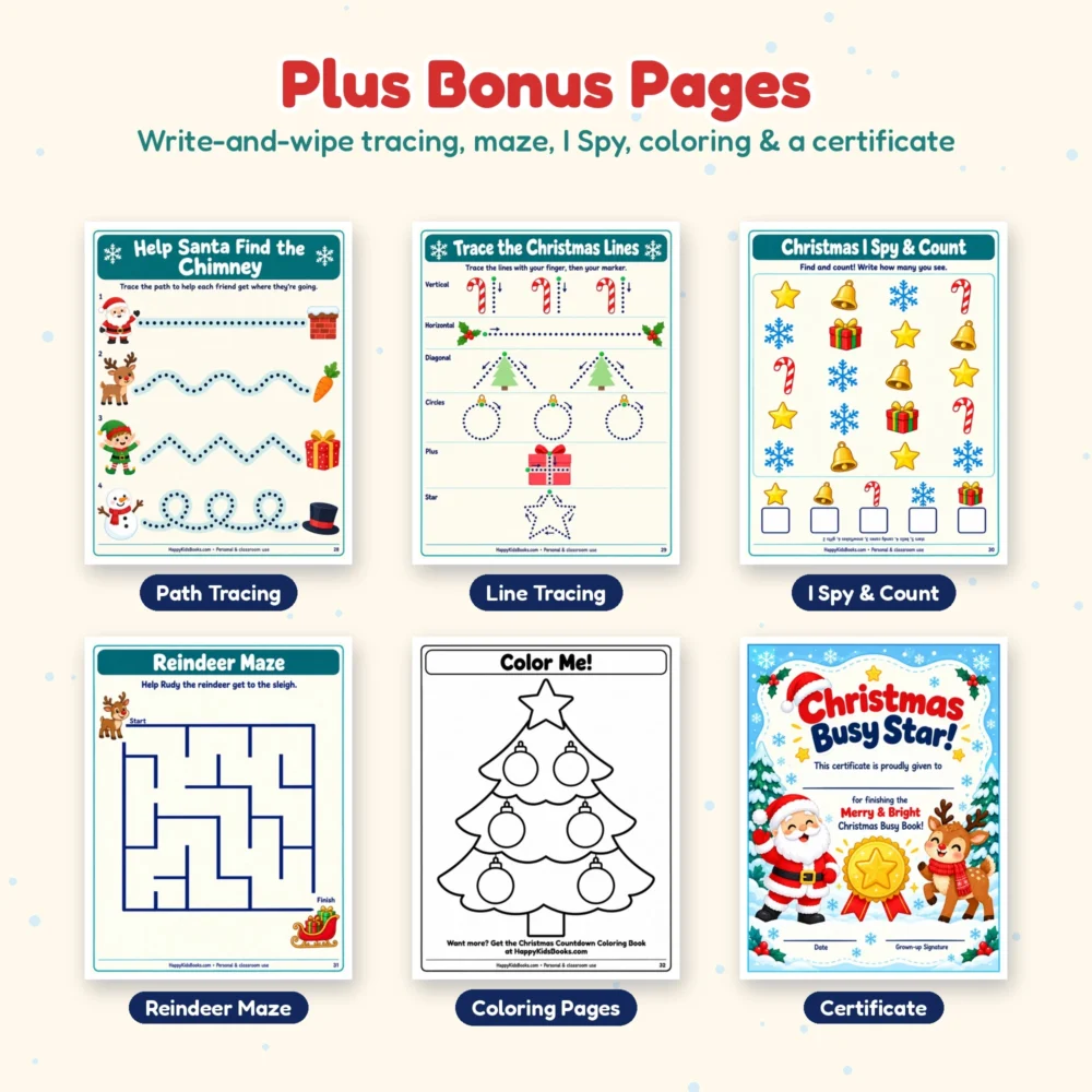 Bonus pages: tracing, reindeer maze, I Spy, coloring page and certificate