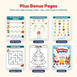Bonus pages: tracing, reindeer maze, I Spy, coloring page and certificate