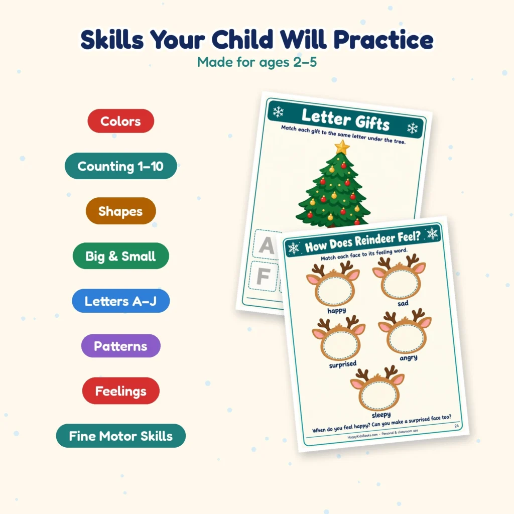 Skills toddlers practice with the Christmas busy book: colors, counting, shapes, letters, feelings