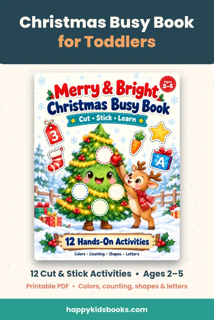Pinterest pin: Christmas busy book for toddlers, 12 cut and stick activities for ages 2 to 5