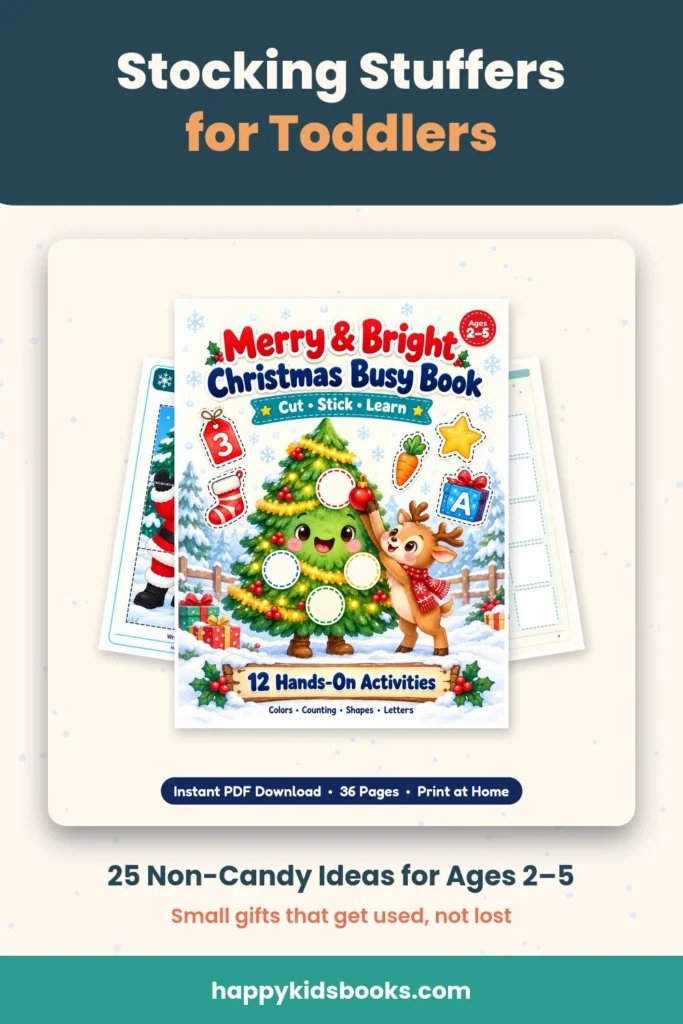 Pinterest pin: stocking stuffers for toddlers, 25 non-candy ideas for ages 2 to 5